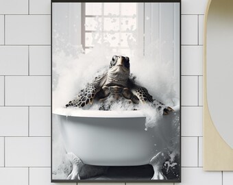 Sea Turtle Wall Art, Coastal Beach Bathroom Print, Turtle in Bathtub Print: Funny Bathroom Wall Art (Digital Download) #BW133