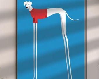 Minimalist Greyhound Wall Art Print, Modern Dog Illustration, Whimsical Pet Decor, Blue Poster for Dog Lovers #GG243