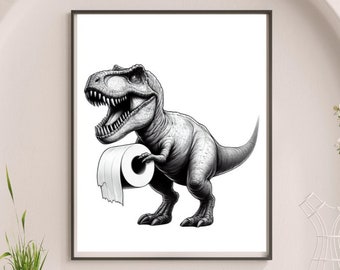 T-Rex Dinosaur Bathroom Wall Art, Decor Bathroom Art for Kids, Minimalist Print T-Rex with toilet paper ready to help, Funny animal print