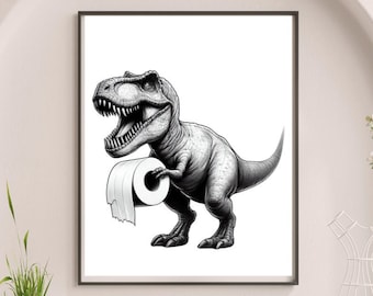 T-Rex Dinosaur Wall Art, Bathroom Print: Funny Dino Print, Bathroom Wall Art, Dinosaur Lover Gift, kids bath decor (Digital Download) #BW33