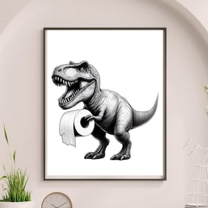 Art mural de salle de bain dinosaure T-Rex, art déco salle de bain pour enfants, impression minimaliste T-Rex avec du papier toilette prêt à aider, drôle d'animal # BW33