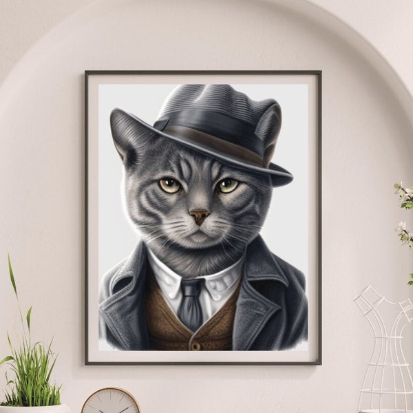 Gray Smoky Cat Wall Art Cat as a Gangster Mob Mafia Minimalist Decor, Cat lover's Gift, Housewarming, Tough Guy Cat in Suit, Godfather Decor