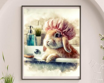 Bunny in Bathtub Print: Whimsical Bathroom Wall Art (Digital Download) #BW62