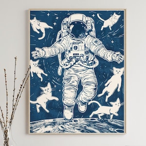 Astronautkatter i rymden Konsttryck: Nyckfull himmelsk dekor, Yttre rymden Gästbadrum Barndekor, Barnrum Lekrum (Digital Nedladdning) #WA51