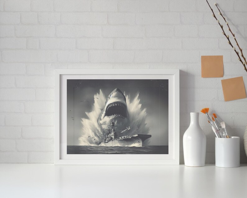 Megalodon Shark Ship Wall Art, Prehistoric Giant Shark Wall Decor