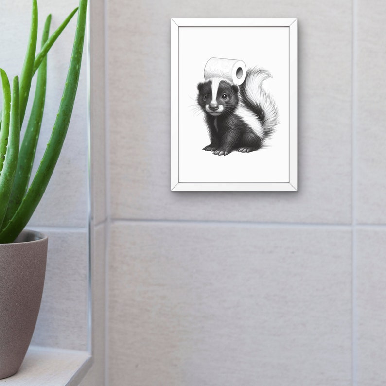 Baby Skunk Bathroom Wall Art, Decor Bathroom Art for Kids, Minimalist Print Skunk with toilet paper on head, Stinky Animal print image 6