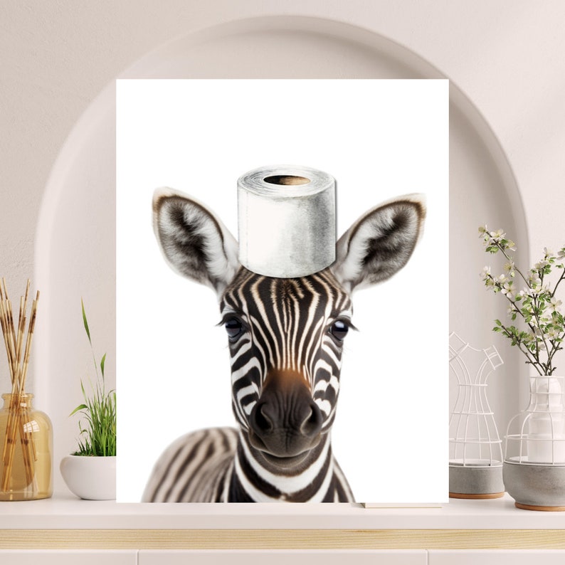 Zebra Bathroom Wall Art, Zebra Baby With Toilet Paper on Head Wall