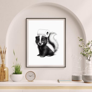 Baby Skunk Bathroom Wall Art, Decor Bathroom Art for Kids, Minimalist Print Skunk with toilet paper on head, Stinky Animal print image 10