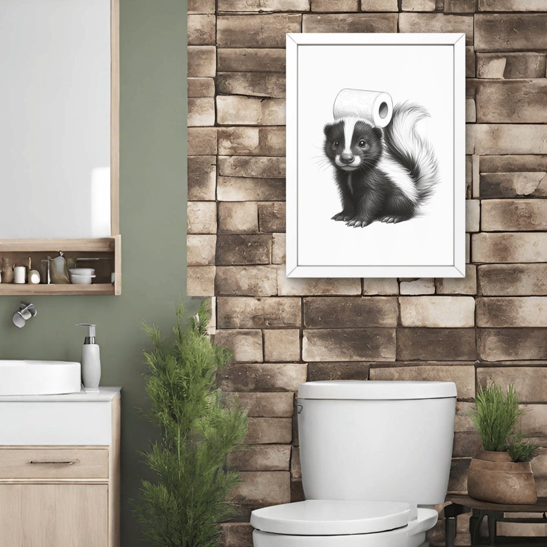 Baby Skunk Bathroom Wall Art, Decor Bathroom Art for Kids, Minimalist Print Skunk with toilet paper on head, Stinky Animal print image 4