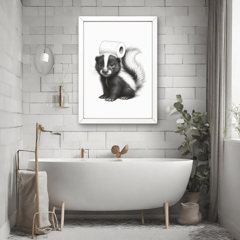 Baby Skunk Bathroom Wall Art, Decor Bathroom Art for Kids, Minimalist Print Skunk with toilet paper on head, Stinky Animal print image 2
