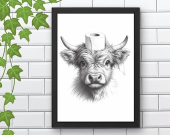 Può includere: Un'illustrazione in bianco e nero di una mucca delle Highlands con un rotolo di carta igienica sulla testa. La mucca guarda direttamente lo spettatore.