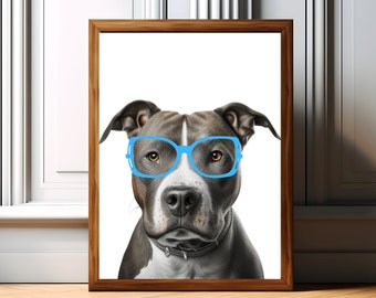 Pitbull Terrier Dog Wall Art, Funny Animal Print: Funny Dog with Glasses Decor, Bathroom Wall Art, Pitbull Print (Digital Download) #FA22