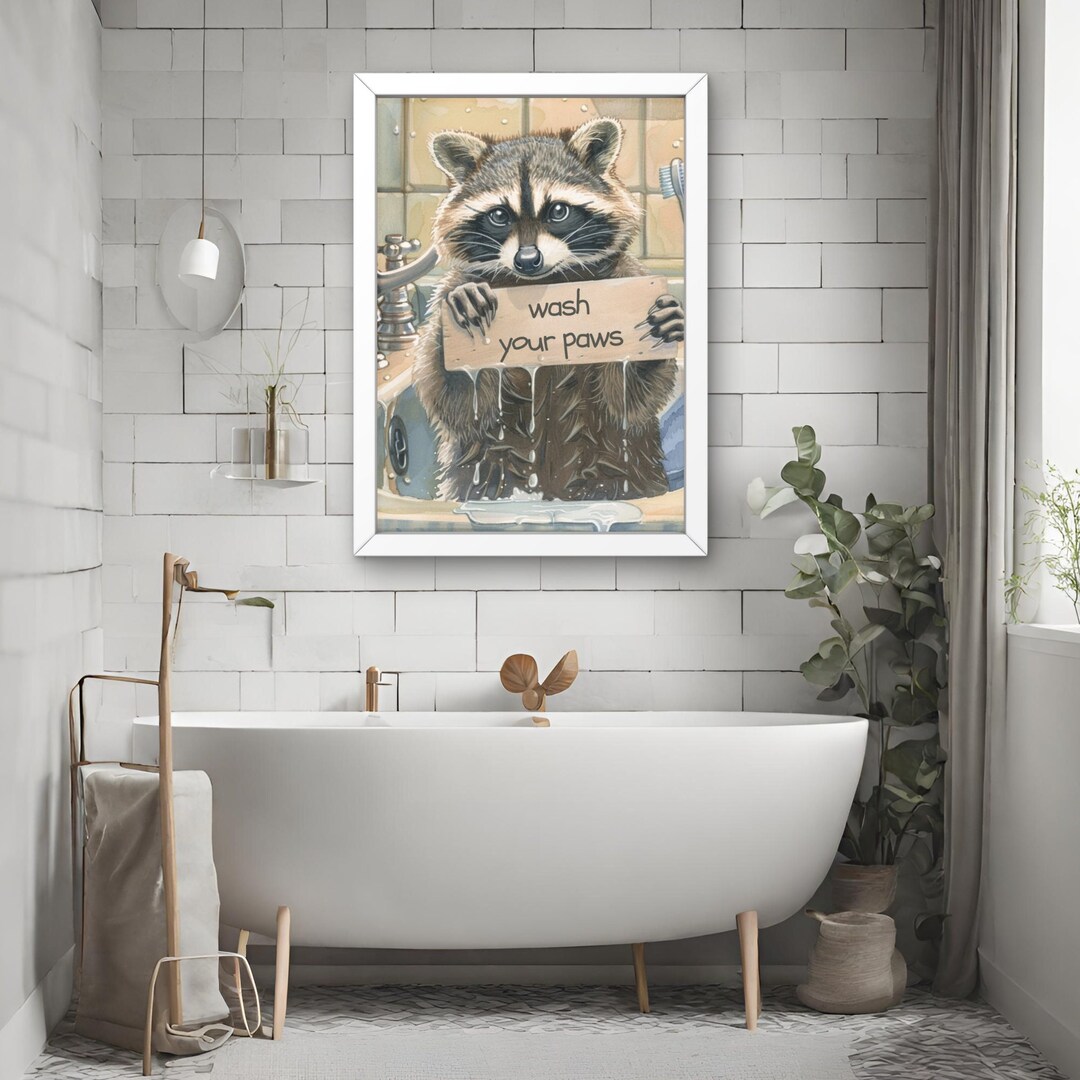 Raccoon Bathroom Wall Art, Decor Art for Kids, Wash Your Paws Raccoon ...