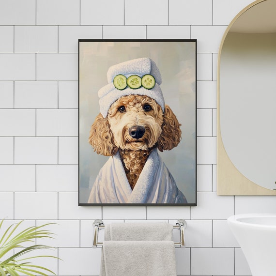 Golden Doodle Dog Bathroom Spa Wall Art, Canine in Bathrobe and
