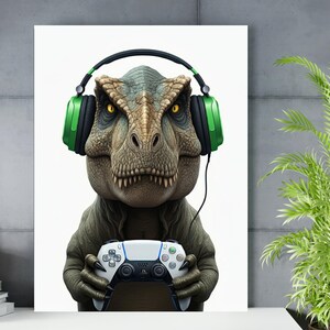 May include: A green dinosaur wearing green headphones and holding a white video game controller.