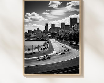 Arte mural del Gran Premio de Mónaco de F1, lámina de carreras de Fórmula 1, fotografía en blanco y negro, descarga digital de circuito de carreras, póster para aficionados al deporte, #D5M48