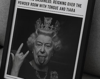 Newspaper Print: Queen Elizabeth Wall Art, Powder Room Decor, Punk Style Bathroom Poster (Digital Download) #B1VC2