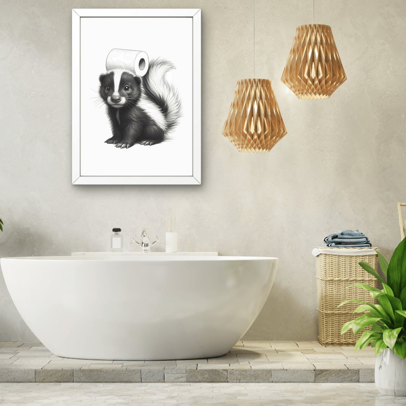 Baby Skunk Bathroom Wall Art, Decor Bathroom Art for Kids, Minimalist Print Skunk with toilet paper on head, Stinky Animal print image 5