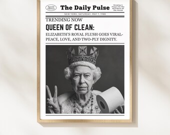 Newspaper Print: Queen Elizabeth Wall Art, Bathroom Decor, Parody Style, Guest Bath Humor (Digital Download) #BVVC2