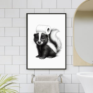 Baby Skunk Bathroom Wall Art, Decor Bathroom Art for Kids, Minimalist Print Skunk with toilet paper on head, Stinky Animal print image 3