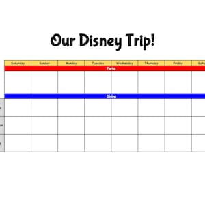 May include: A printable Disney trip planner with a grid for each day of the week, labeled with days of the week and times of day: Morning, Afternoon, and Evening. The top row is labeled "Parks" and the second row is labeled "Dining".