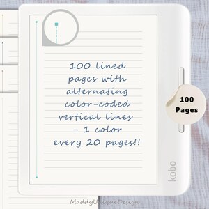 Lined Notebook for Kobo Libra Colour, Digital Journal Note Taking for Stylus E-Readers, Color-Coded PDF Sections, Kobo with Pen Sage Elipsa