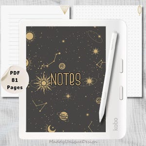 Op de afbeelding: Witte Kobo e-reader met stylus, met een donkergrijs scherm met een hemels ontwerp en het woord "NOTES". De afbeelding bevat gelijnd en gestippeld papier en een sticker met 81 pagina's in PDF-formaat.