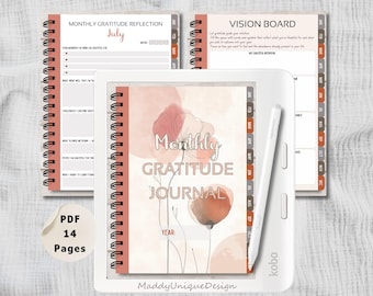 Gratitude Journal with Guided Prompts for Kobo, Mindful Monthly Reflection Notebook & Vision Board (PDF Instant Download)