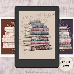 Puede incluir: Una pila de libros antiguos con diseños florales en las cubiertas. Los libros están dispuestos en una torre sobre un fondo marrón claro con ilustraciones florales.