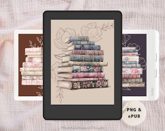 Kindle & Kobo Color Lockscreen Stacked Books, ColorSoft Scribe, Libra Colour Clara Colour, Floral Screensaver eReader Wallpaper (PNG, ePUB)