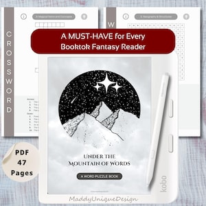 Może przedstawiać: Biały czytnik e-booków wyświetla książkę z krzyżówkami zatytułowaną "Under the Mountain of Words". Okładka zawiera czarno-białą ilustrację gór pod gwiaździstym niebem. Tekst "A MUST-HAVE for Every Booktok Fantasy Reader" jest wyświetlany powyżej.