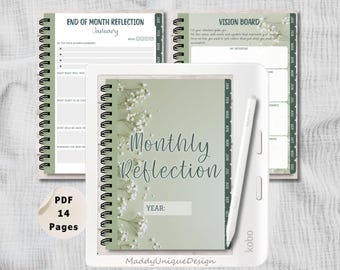 Digital Journal for Kobo Libra Colour, Monthly Reflection Notebook & Vision Board, Green Nature Botanical (PDF Instant Download)