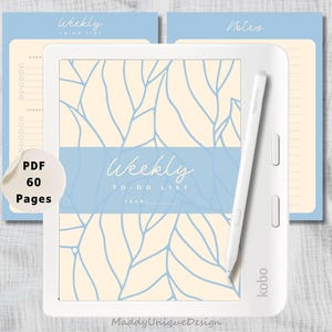 May include: A white Kobo e-reader with a stylus, displaying a weekly to-do list with a light blue and cream leaf design. Two matching notepads are in the background. The image includes the text "PDF 60 Pages".