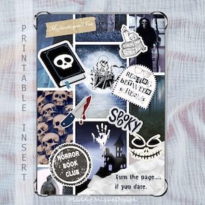 以下が含まれることがあります： 不気味なテーマのコラージュスタイルの印刷可能なインサート。 骸骨の付いた黒い本、血まみれのナイフ、骸骨、お化け屋敷、そして「Spooky」、「Horror Book Club」、「Reading Between Screams」のテキストが特徴です。