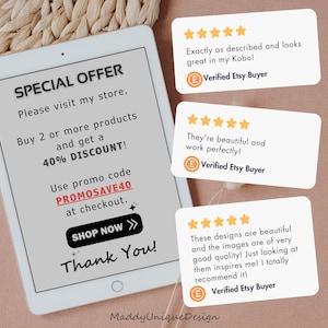 May include: A digital tablet displays a special offer with the text "Buy 2 or more products and get a 40% DISCOUNT!" along with customer reviews. The tablet is on a light brown surface with a woven texture.