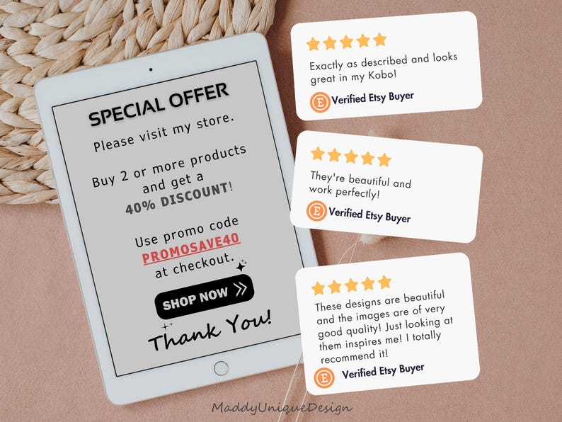 May include: A digital tablet displays a special offer with the text "Buy 2 or more products and get a 40% DISCOUNT!" along with customer reviews. The tablet is on a light brown surface with a woven texture.