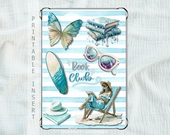 Kindle Case Insert for Scribe ColorSoft Paperwhite Basic, Summer Blue Stripes Bookish Back Cover  (Printable PDF Instant Download)