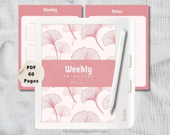 May include: A white Kobo e-reader with a stylus, showing a pink weekly to-do list with a ginkgo leaf design. The text "Weekly To-Do List" and "PDF 60 Pages" are visible. Design by MaddyUniqueDesign.