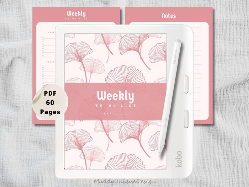 Minimalist pink weekly to-do list for Kobo Libra Colour, featuring sections for tasks, habits, and notes.