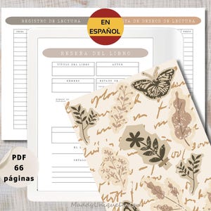 Puede incluir: Un diario de lectura digital con una superposición decorativa con ilustraciones botánicas y una mariposa. El diario incluye secciones para reseñas de libros y listas de lectura. El texto "EN ESPAÑOL" es visible, junto con "PDF 66 páginas".