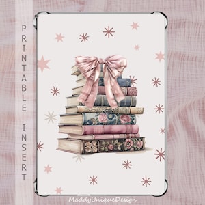 May include: Printable insert featuring a stack of vintage books tied with a pink ribbon bow. The background is a white with pink stars.