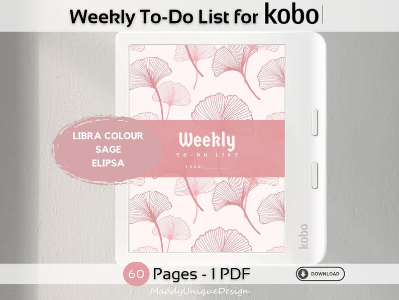 Soft pink digital planner PDF designed for Kobo eReaders, perfect for organizing weekly goals and schedules.