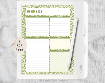 Daily To-Do List for Kobo Libra Colour, Agenda for the Day, Digital Undated Planner, Green Botanical Organizer, Task Journal (PDF Download)