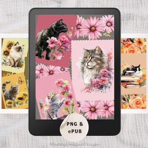 Op de afbeelding: Digitale kunst met katten en bloemen op een tabletscherm. De afbeeldingen bevatten een zwarte kat, een grijze kat en een kitten, met roze bloemen en zonnebloemen. De tekst "PNG & ePub" is zichtbaar.