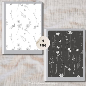 May include: Two digital art prints featuring floral patterns. One print has a white background with gray floral elements. The other print has a dark gray background with white floral elements. The prints are displayed on digital tablets.