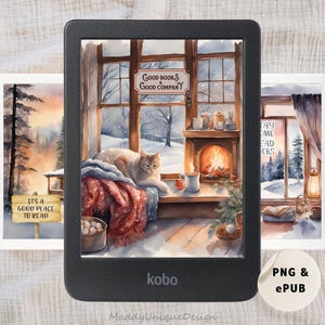 May include: Three e-readers displaying cozy winter scenes. The central e-reader shows a cat by a fireplace with the text "Good Books Good Company." The other two e-readers show winter landscapes with text. The e-readers are on a textured surface.