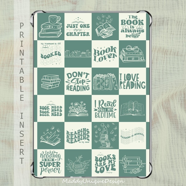 Kindle Case Insert for Kindle ColorSoft Paperwhite Basic, Green Checkered Y2K Bookish Quotes (Printable PDF Instant Download)
