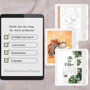 May include: A digital tablet displays "Check out my shop for more products!" and product categories. Three e-readers show digital art and a calendar. The e-readers are white. The background is a light pink fabric.