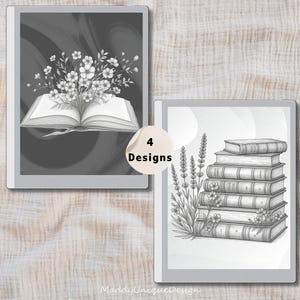 Puede incluir: Dos diseños de arte digital en escala de grises. Uno presenta un libro abierto con flores, el otro una pila de libros con lavanda y flores. Los diseños se muestran en tabletas digitales. El texto "4 Designs" es visible.