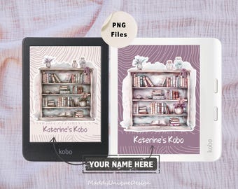 May include: A digital illustration of a bookshelf with books, plants, and a vase of flowers. The bookshelf is on a pink background with a white outline. The text "Katerine's Kobo" is below the bookshelf. The text "kobo" is at the bottom of the image.